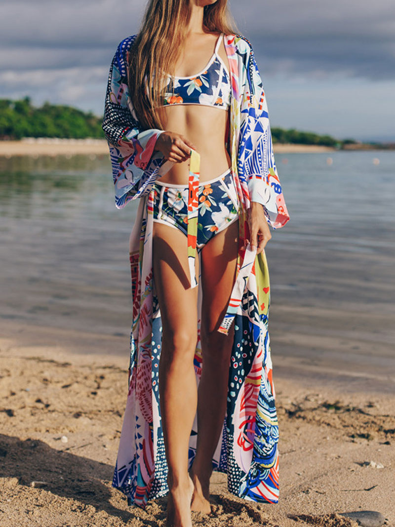 Beachwear & Swimwear Polyester Kimono Floral Print With Doll Print On Back Multicolor Color Long Length Gown Kimono Duster Ro