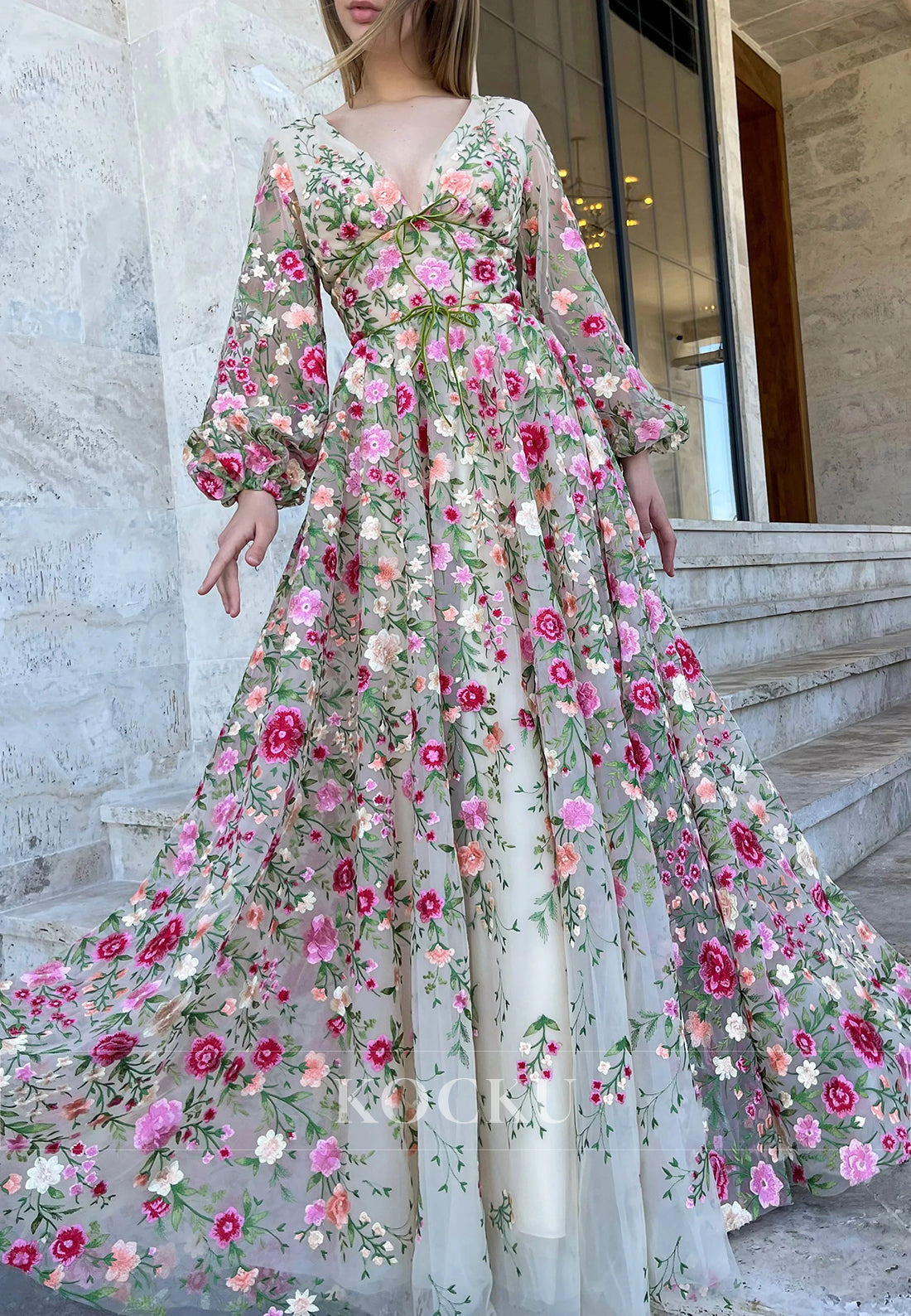 A-Line Long Sleeve V Neck Pleated Floral Embroidered Prom Dresses