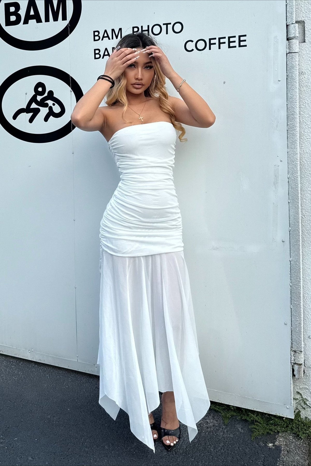 Mesh Strapless Ruched Sheer Skirt Maxi Dress