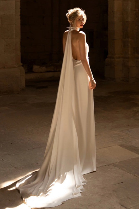 Halter Neck Deep V-Neck Backless Draped Column Maxi Gown - View 2