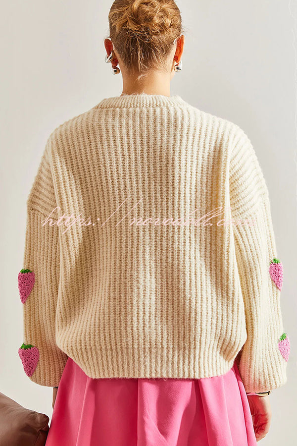 V-neck Strawberry Embellished Knitted Cardigan for Style