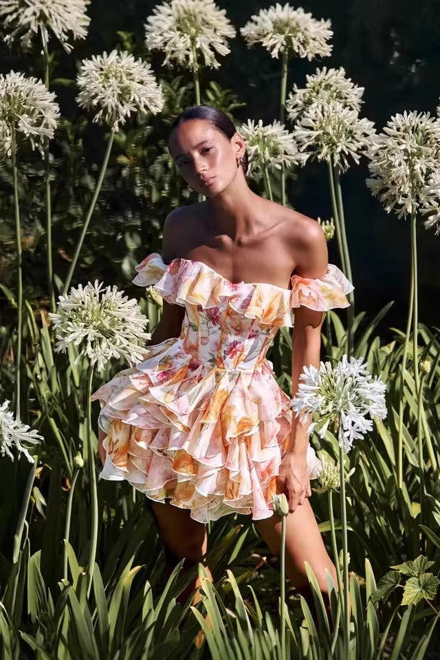 Floral Print Off-Shoulder Ruffle Tiered Corset Mini Dress
