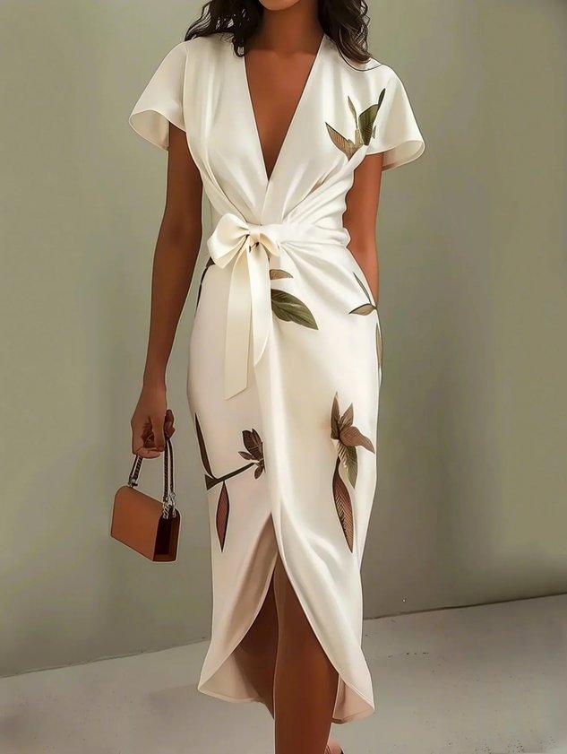 Floral V-Neck Short Sleeve Tie Waist Wrap Midi Dress 8