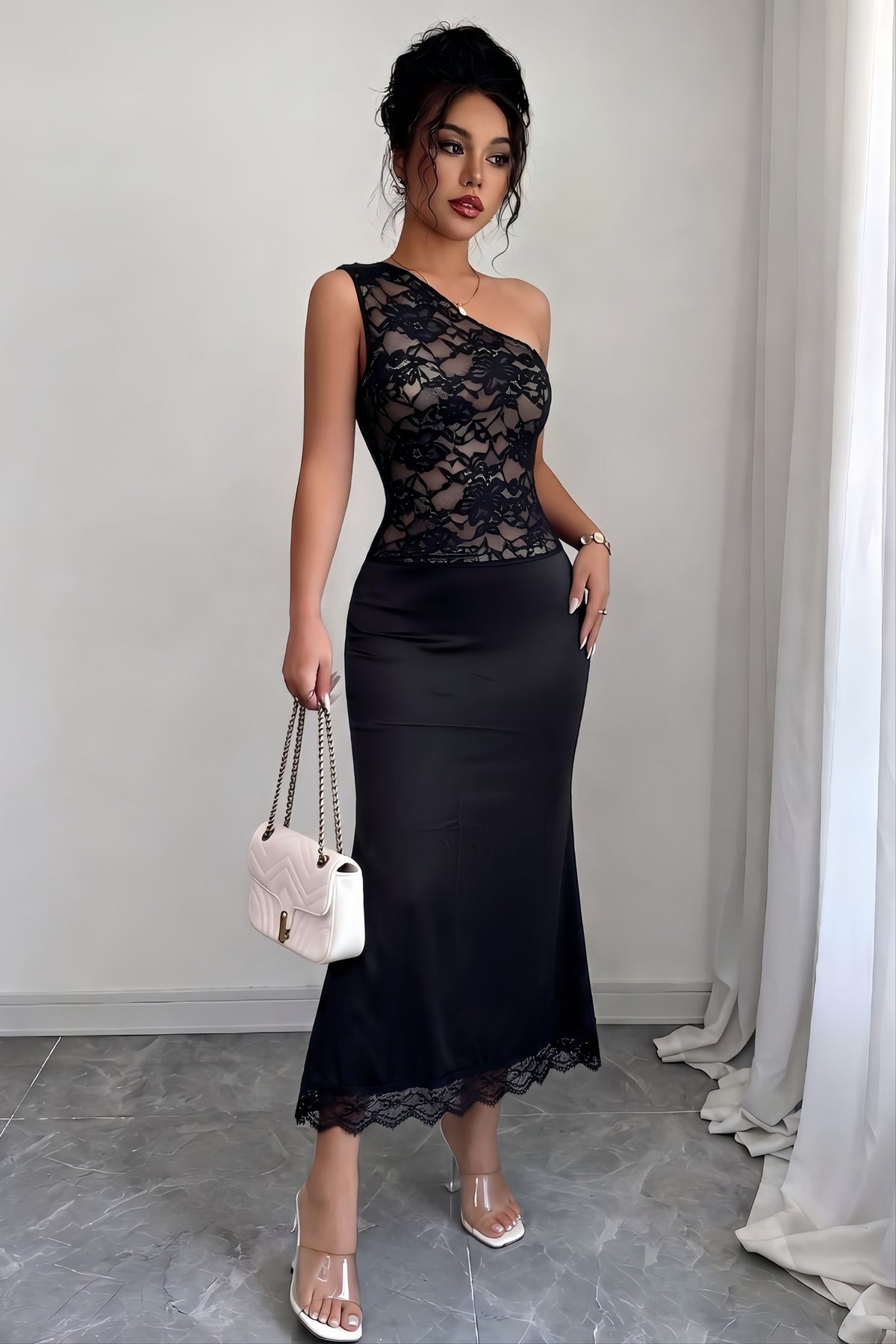 Floral Lace One Shoulder Satin Mermaid Midi Dress