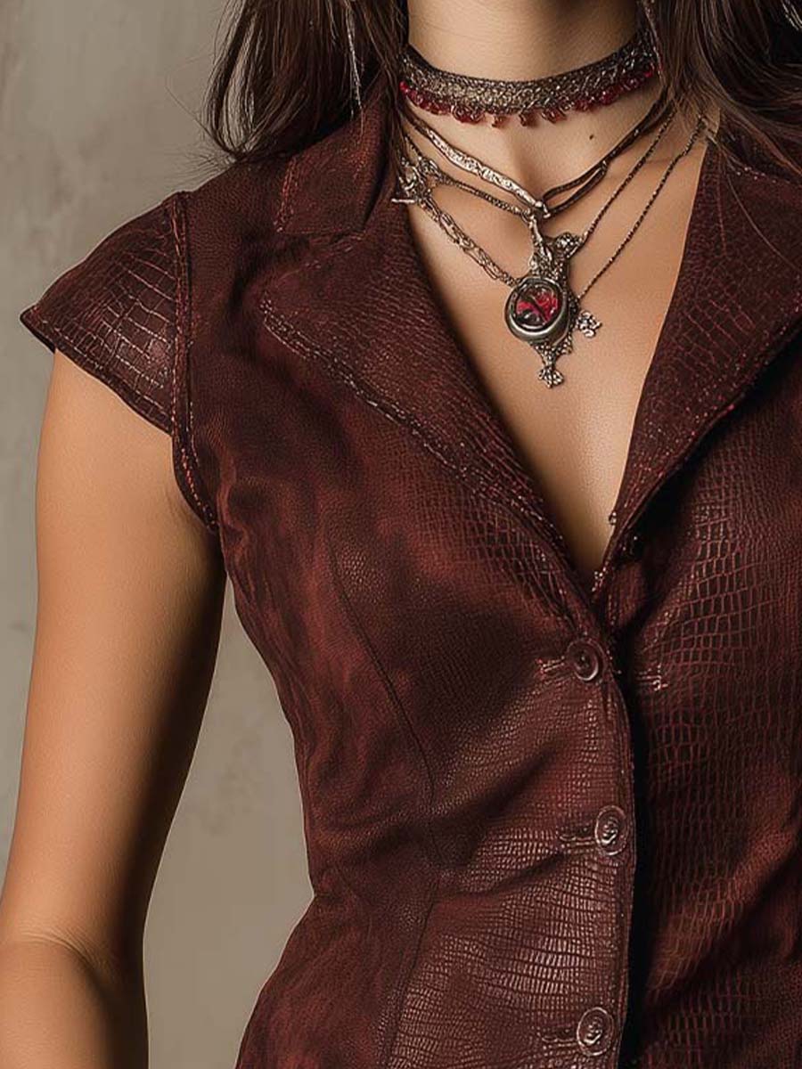 Burgundy Western Croc Embossed Faux Leather With Micro Suede Vest - Fashionpara