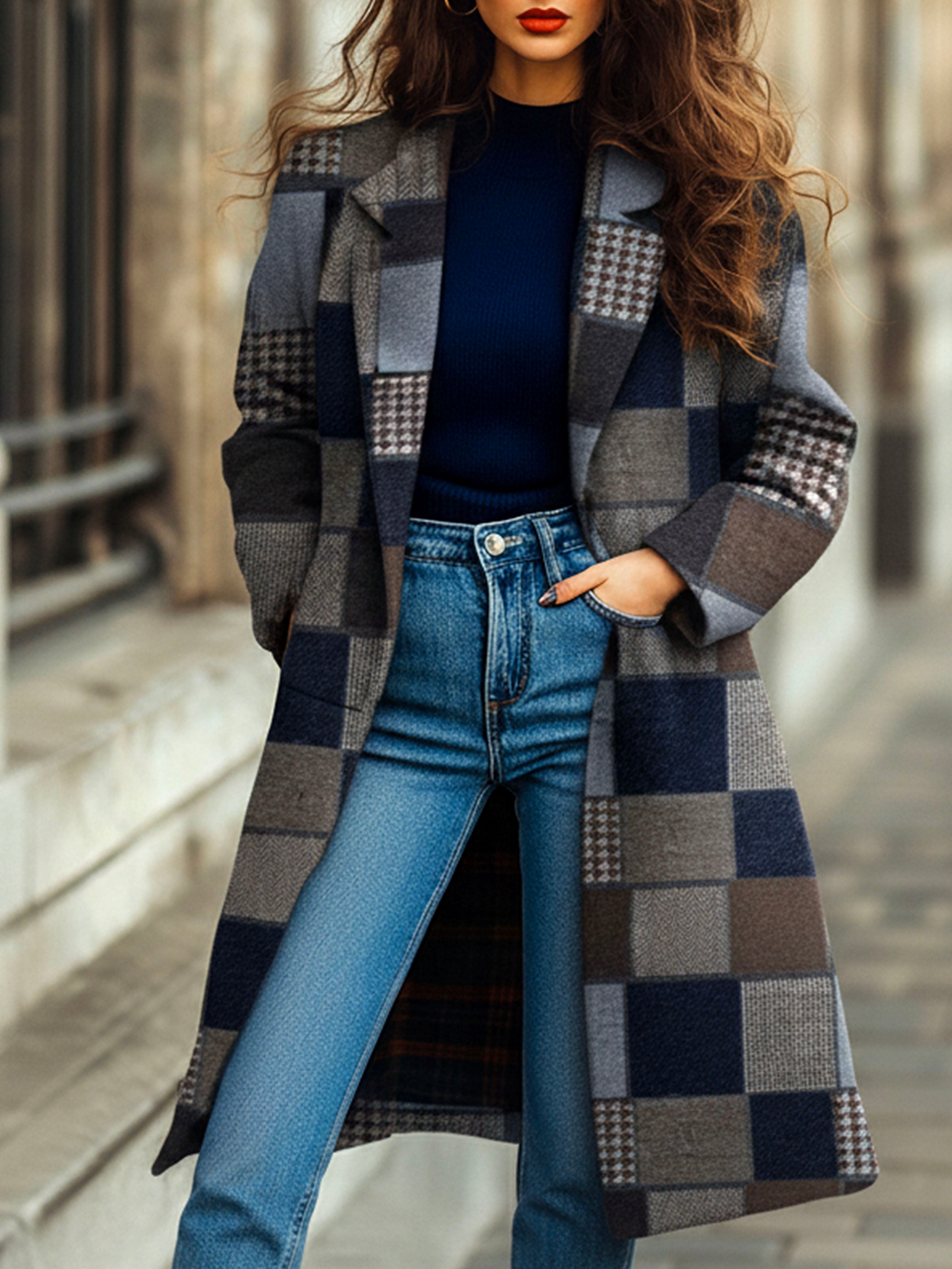 Vintage Lapel Collar Plaid Patchwork Wool Long Coat - Fashionpara