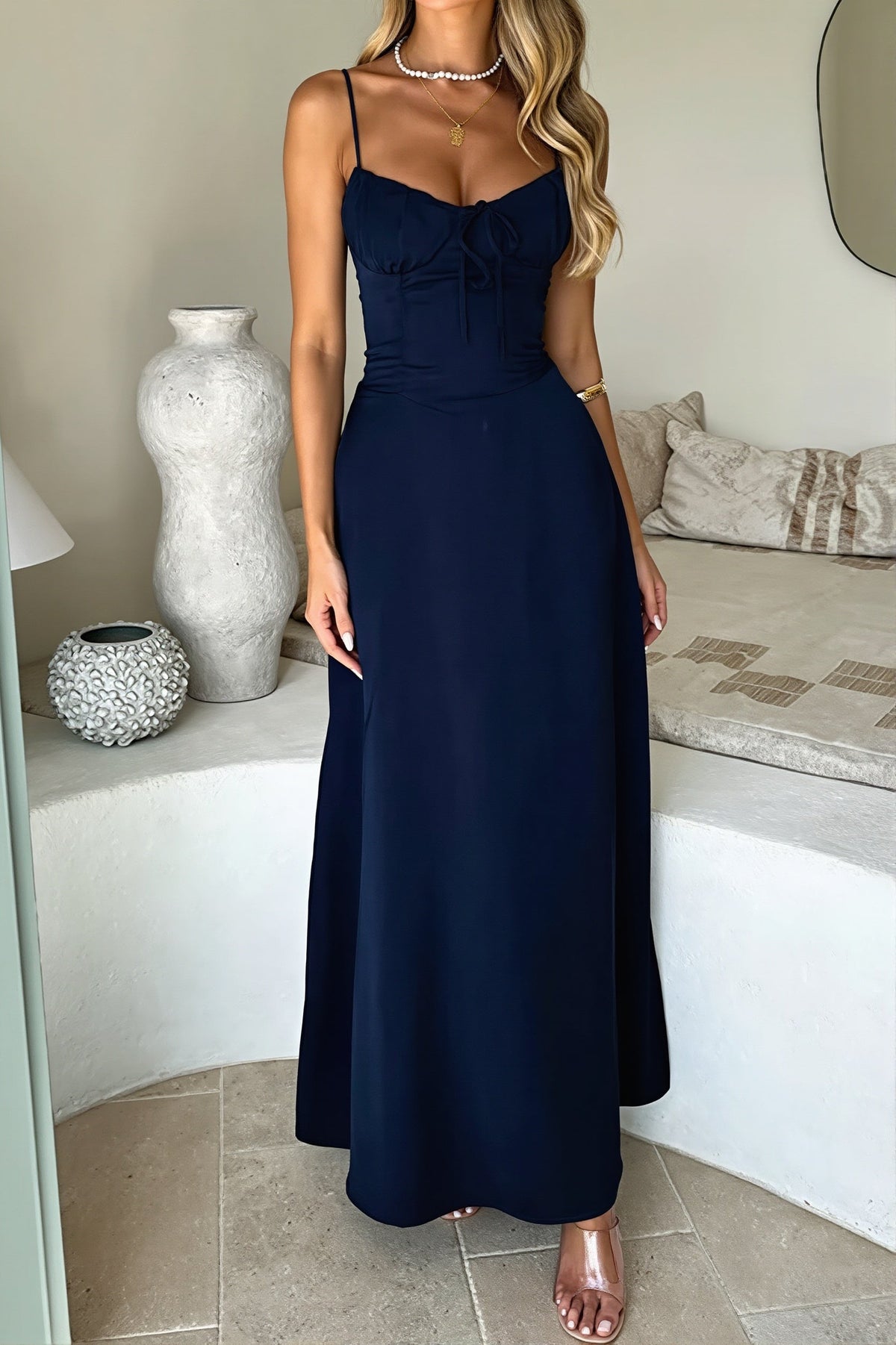 Satin Corset Sweetheart Tie Front Maxi Dress