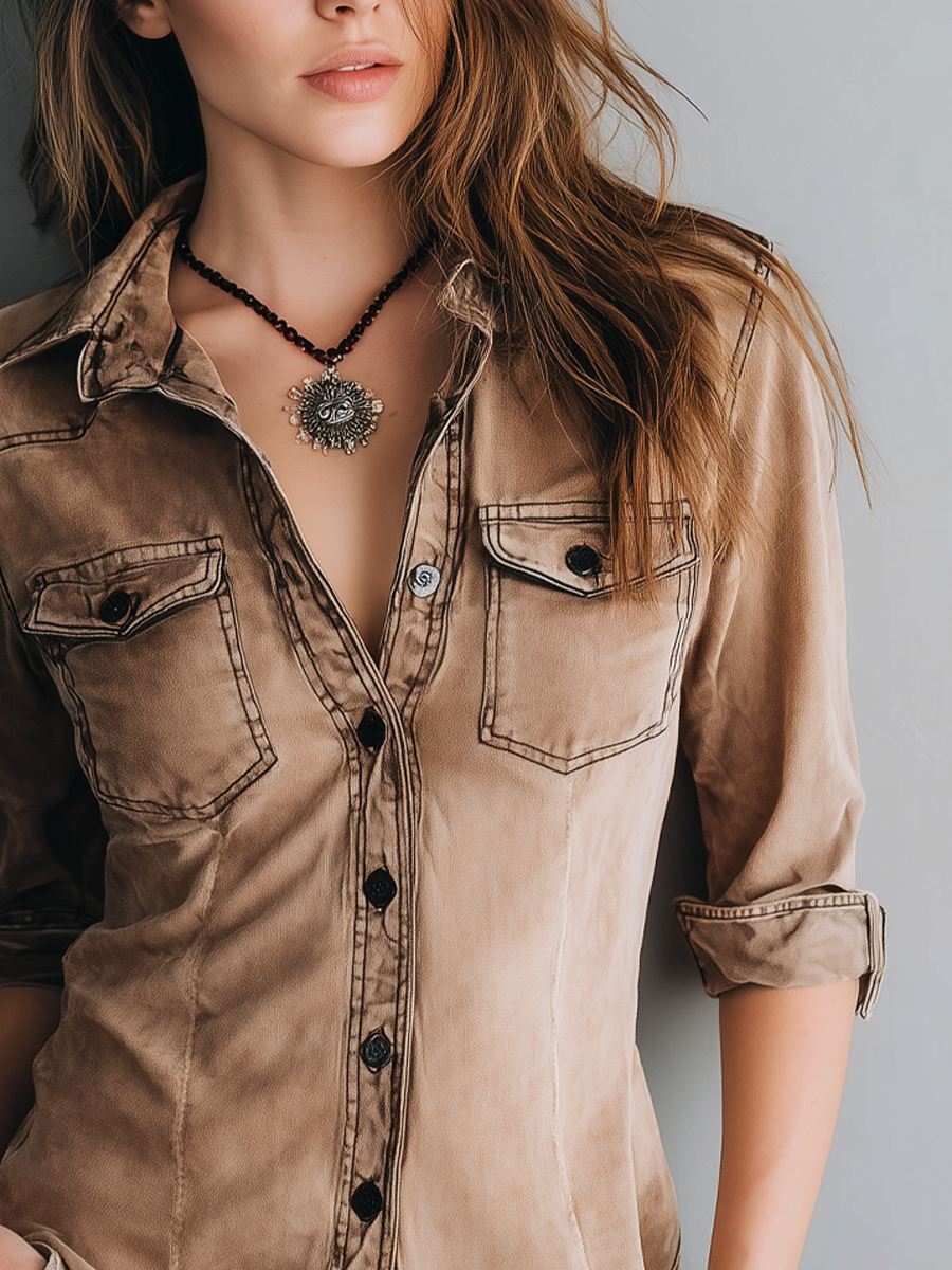 Retro Washed Contrast Stitching Blouse - Fashionpara