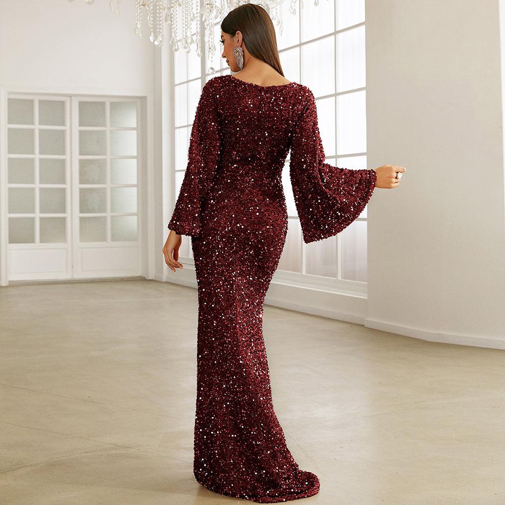 Shimmering Trumpet Sleeves Sequin Dress - Fashionpara