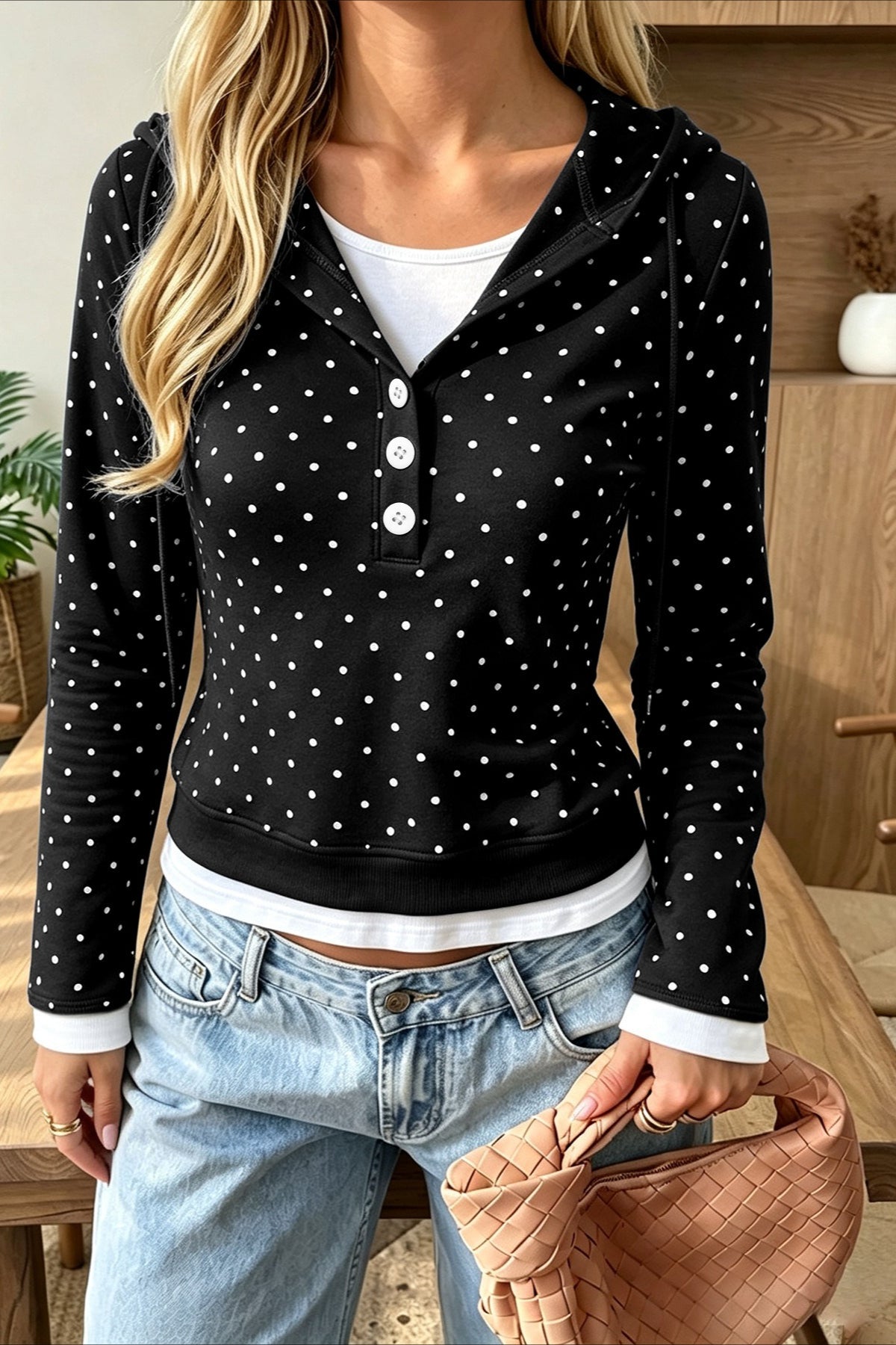 Polka Dot Layered Hem Pullover Hoodie