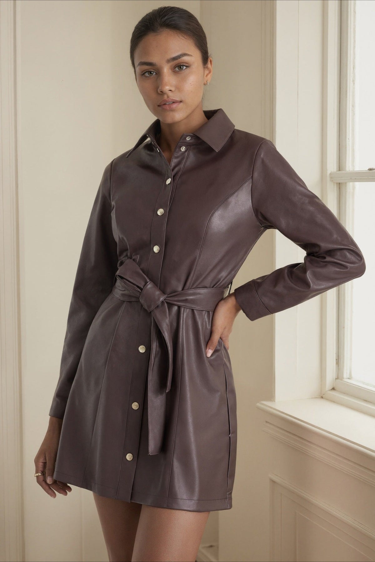 Faux Leather Belted Mid-Length Long Sleeve Trench Coat