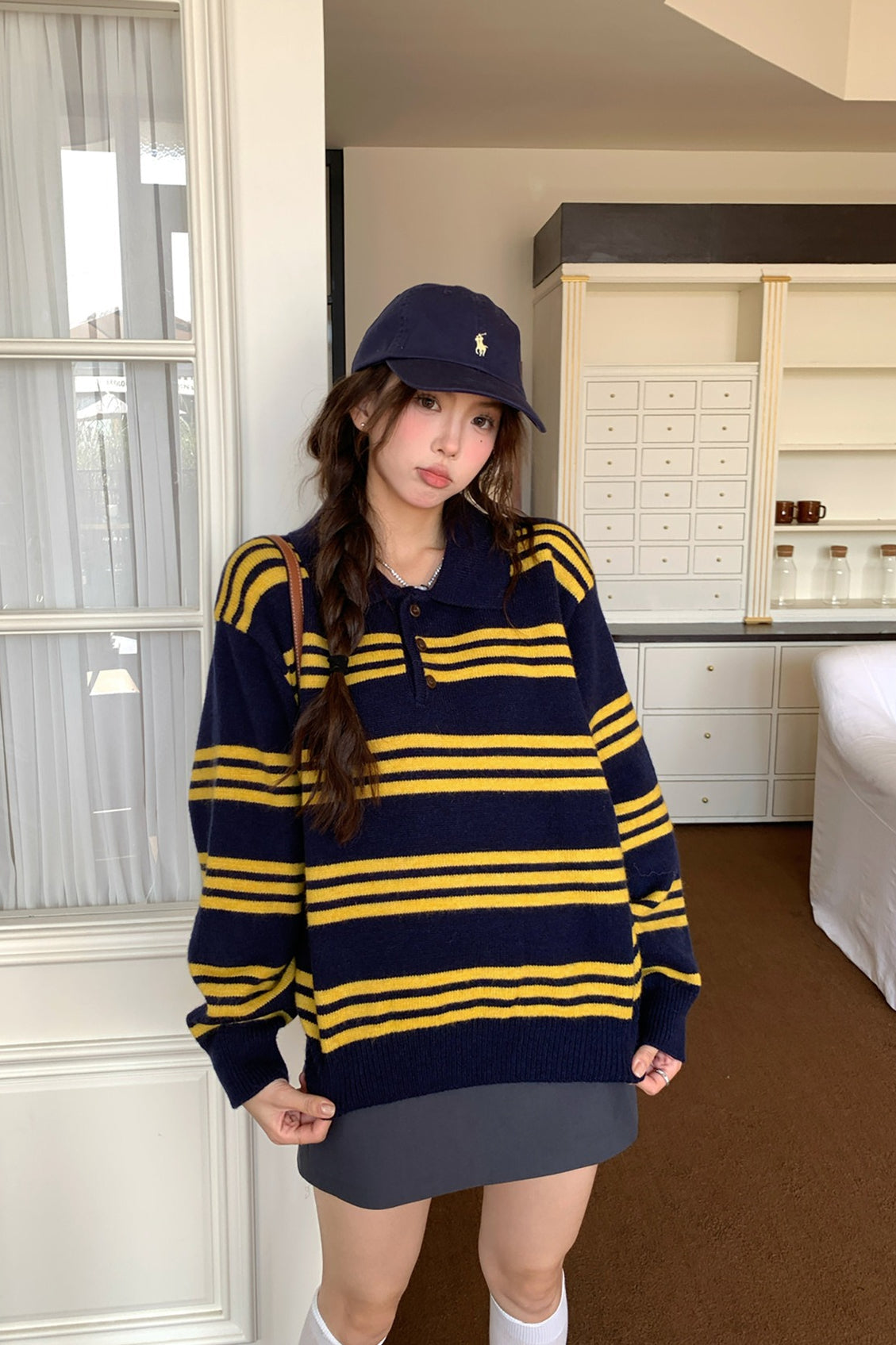Stripe Polo Collar Relaxed Sweater
