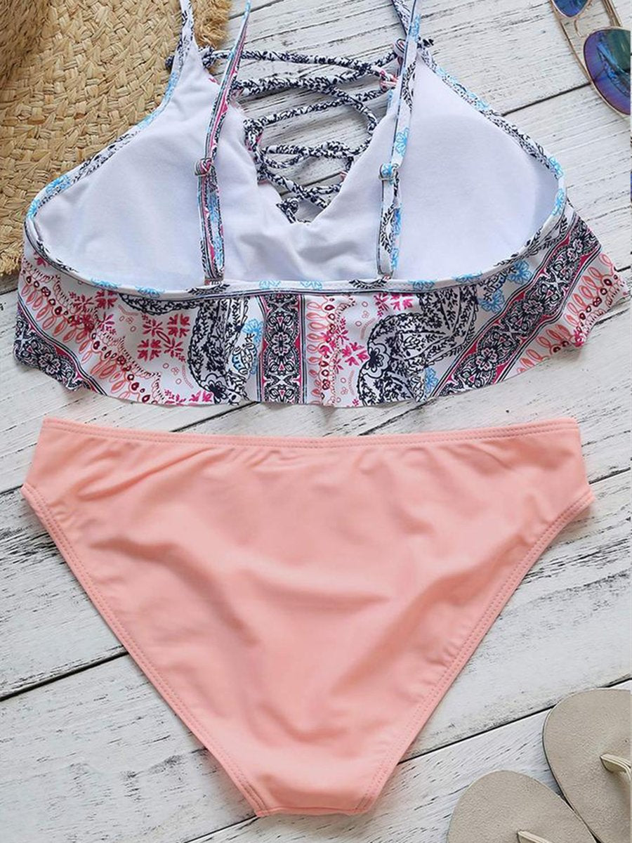 Skinny Floral Printed Two Pieces Swimsuit - Fashionpara