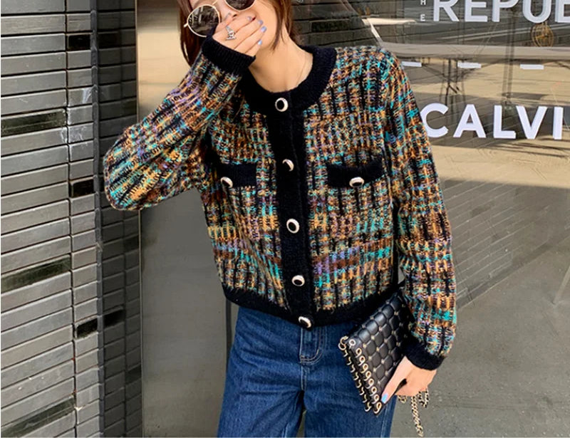 Round Neck Color Matching Knit Autumn Cardigan