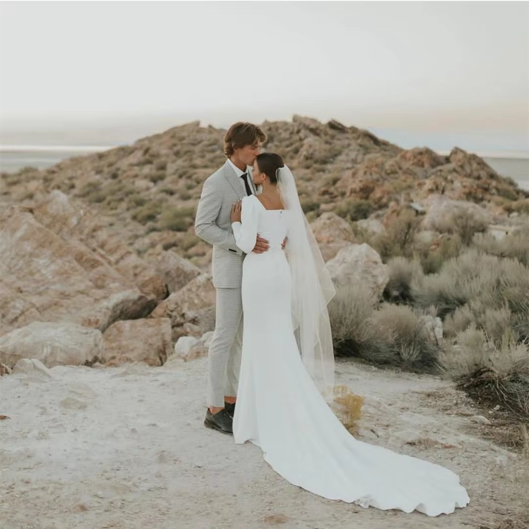 Elegant long square neck wedding dress for women