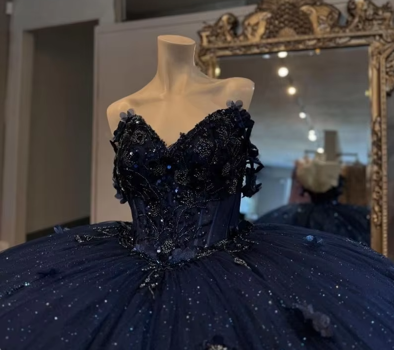 Mexico Navy Quinceanera Dress Ball Gown Floral Appliques Beaded Crystal Corset Sweet 16 Vestido De 15 Anos - Fashionpara