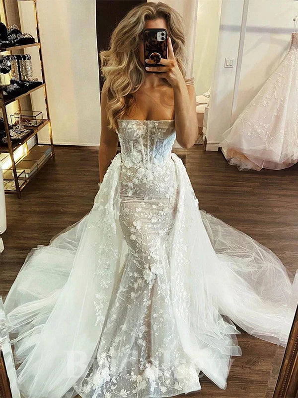 Charming Strapless Mermaid Princess Beach Vintage Long Wedding Dresses, Bridal Gown