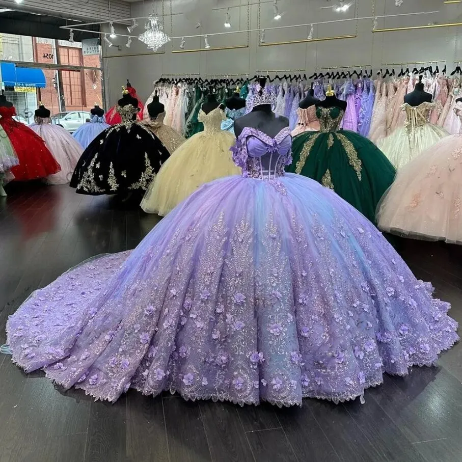 Mexico Purple Sweetheart Quinceanera Dress Beaded Appliques Corset Prom Dress 3D Flowers Ball Gown Sweet 16 Robe De Bal - Fashionpara