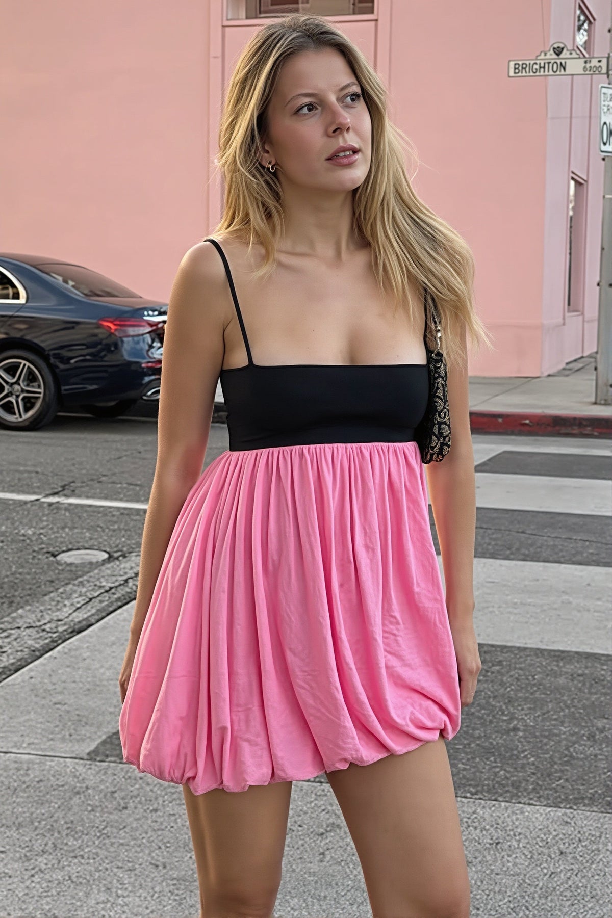 Contrast Bubble Skirt Spaghetti Mini Dress 2