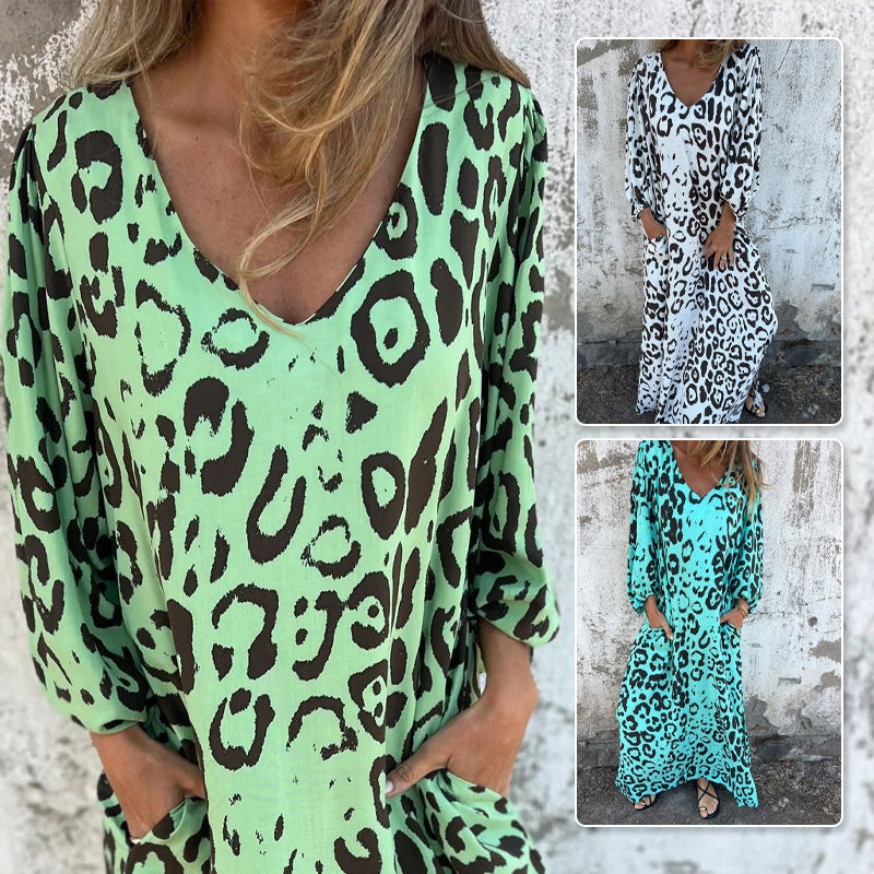 Leopard Print V-Neck Puff Sleeve Pocket Midi Dress 4