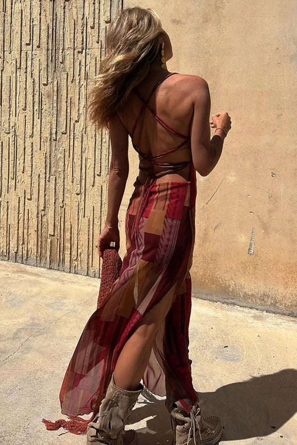 Backless Lace Up Fringe High Split Boho Maxi Dress - View 10
