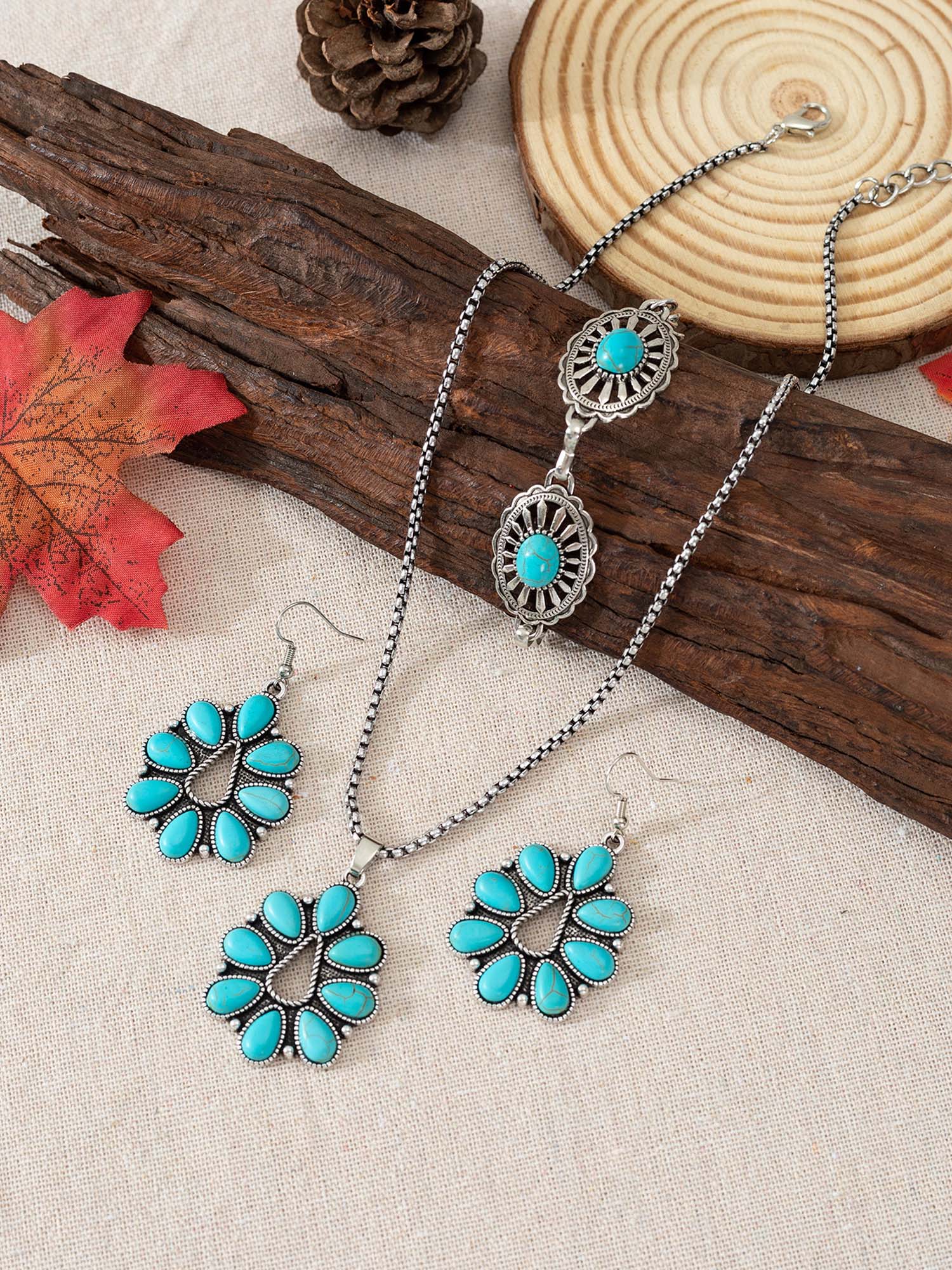 Vintage Western Turquoise Teardrop Necklace Earrings Bracelet Set - Fashionpara