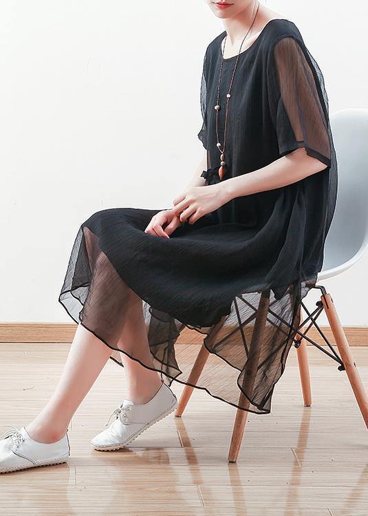 Sheer Overlay Crew Neck Short Sleeve Tie Waist Shift Midi Dress - View 3
