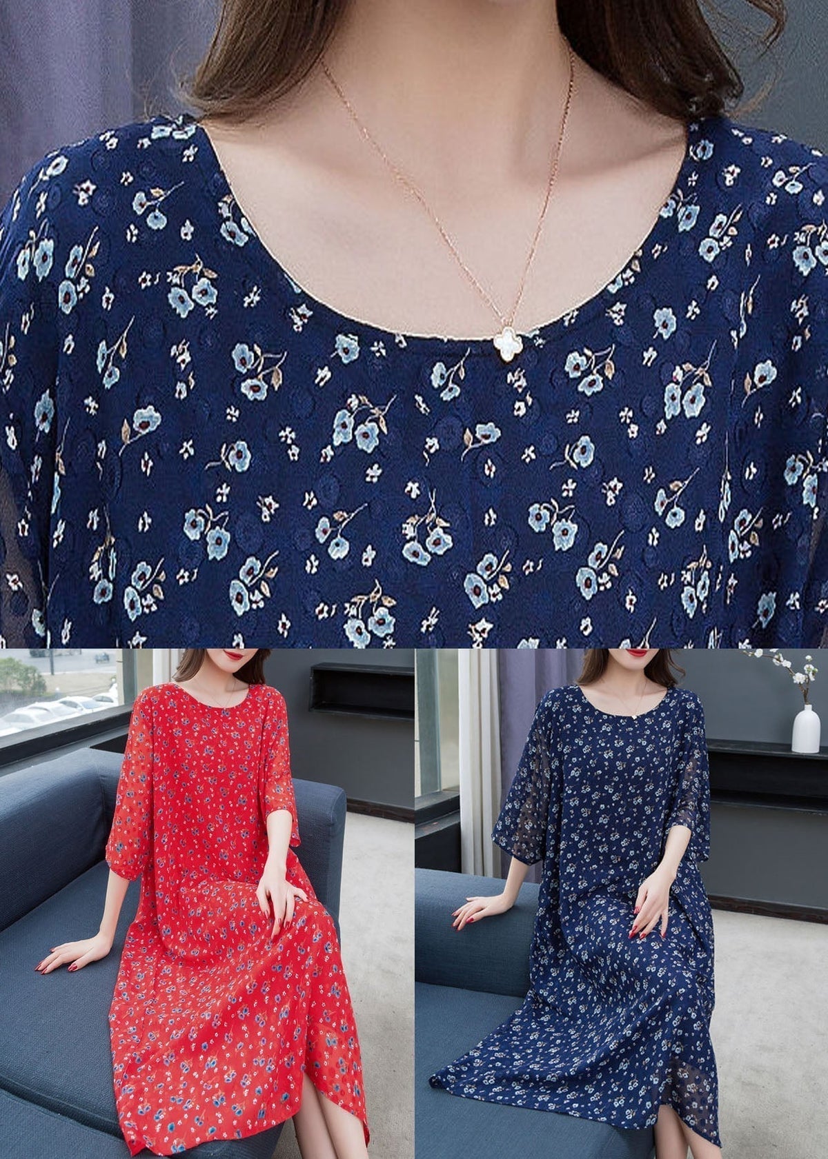 Ditsy Floral Print Chiffon Round Neck A-Line Midi Dress - View 5