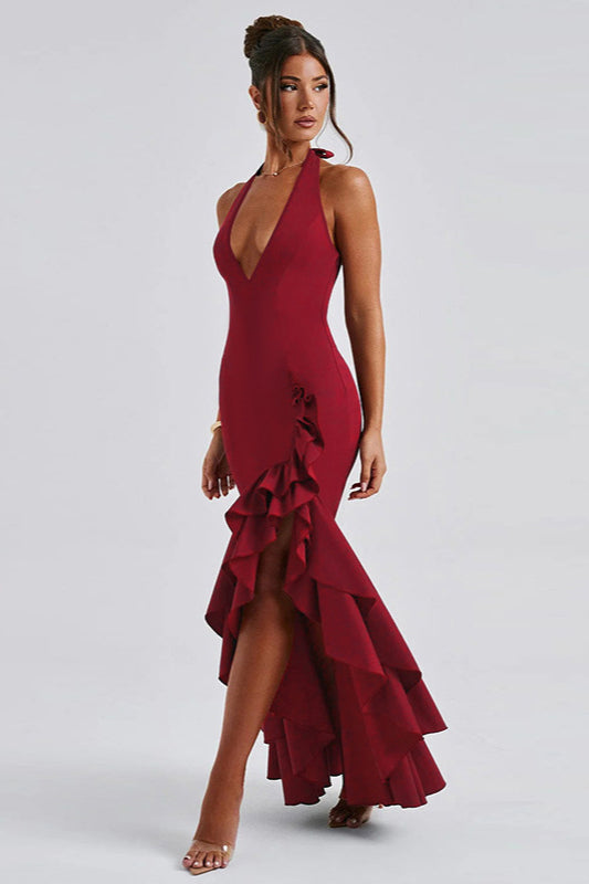 Halter Deep V Ruffled Bodycon Party Dress