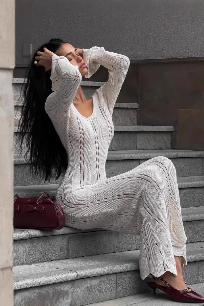 V-Neck Knitted Dress With Flared Sleeves & Hollow Hip-Wrap Maxi Dress