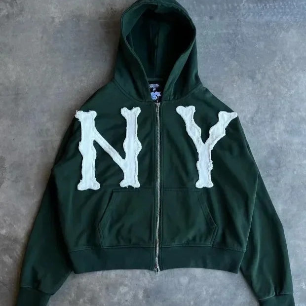 Letter Embroidered Oversized Zip Hoodie