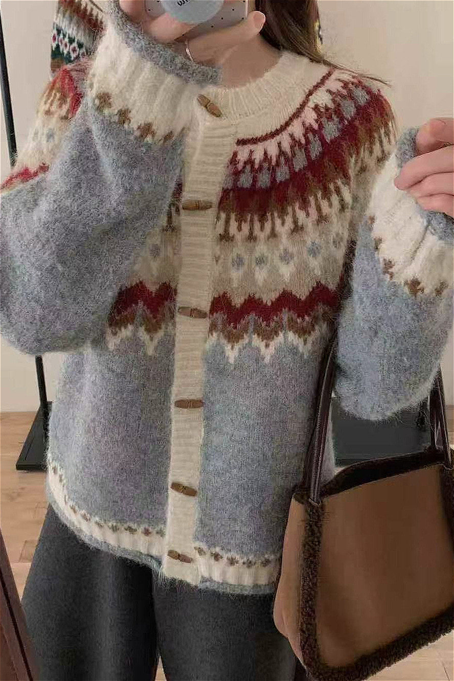 Fair Isle Knit Cardigan with Horn Buttons for Winter Style