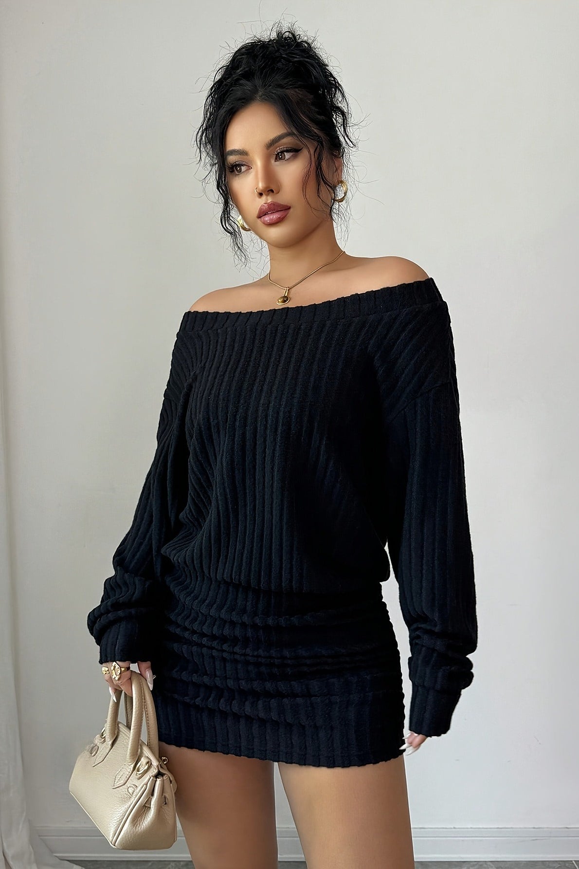 Ribbed Knit Off-Shoulder Long Sleeve Ruched Mini Dress