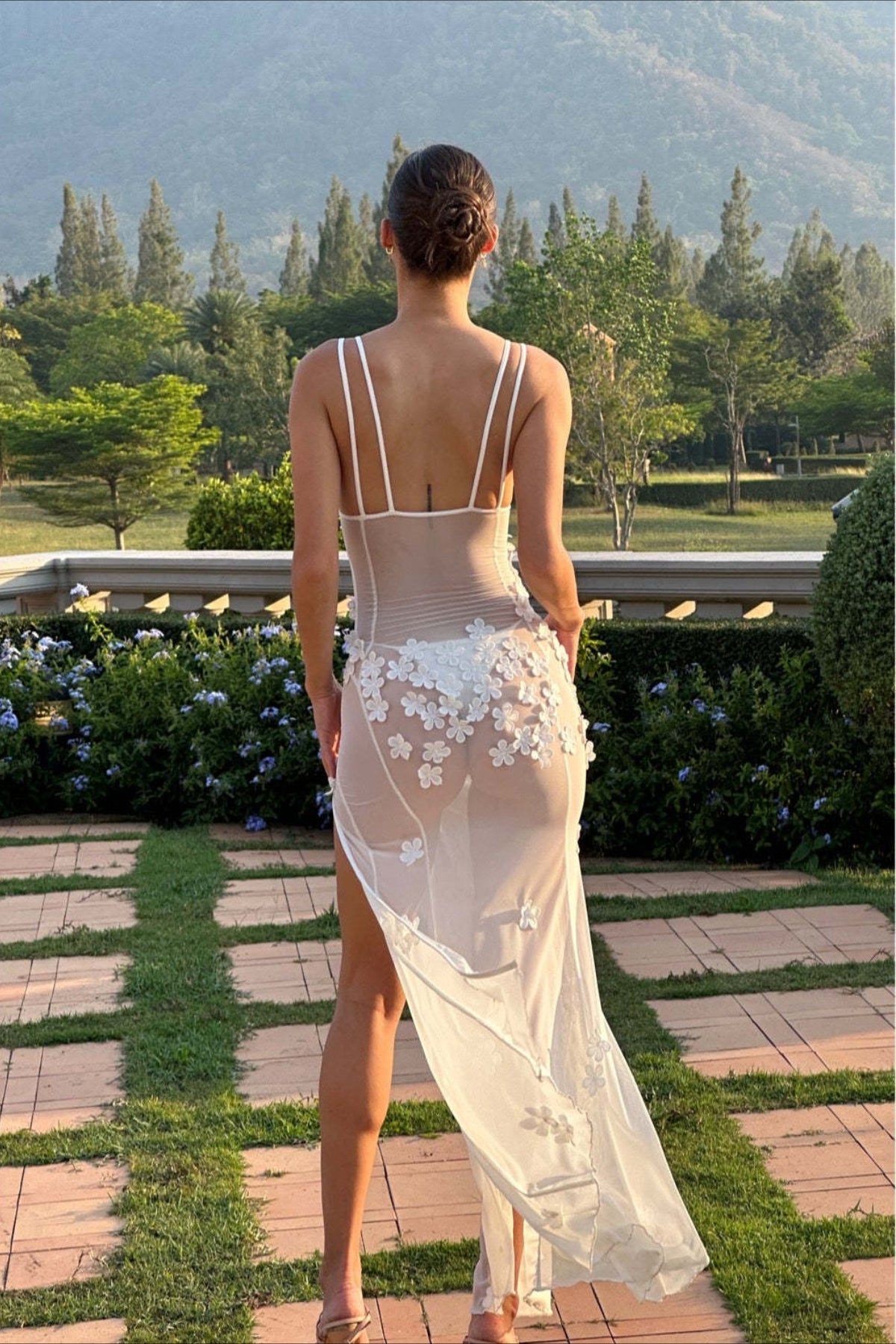 3D Floral Mesh Deep V-Neck Bodycon Maxi Dress