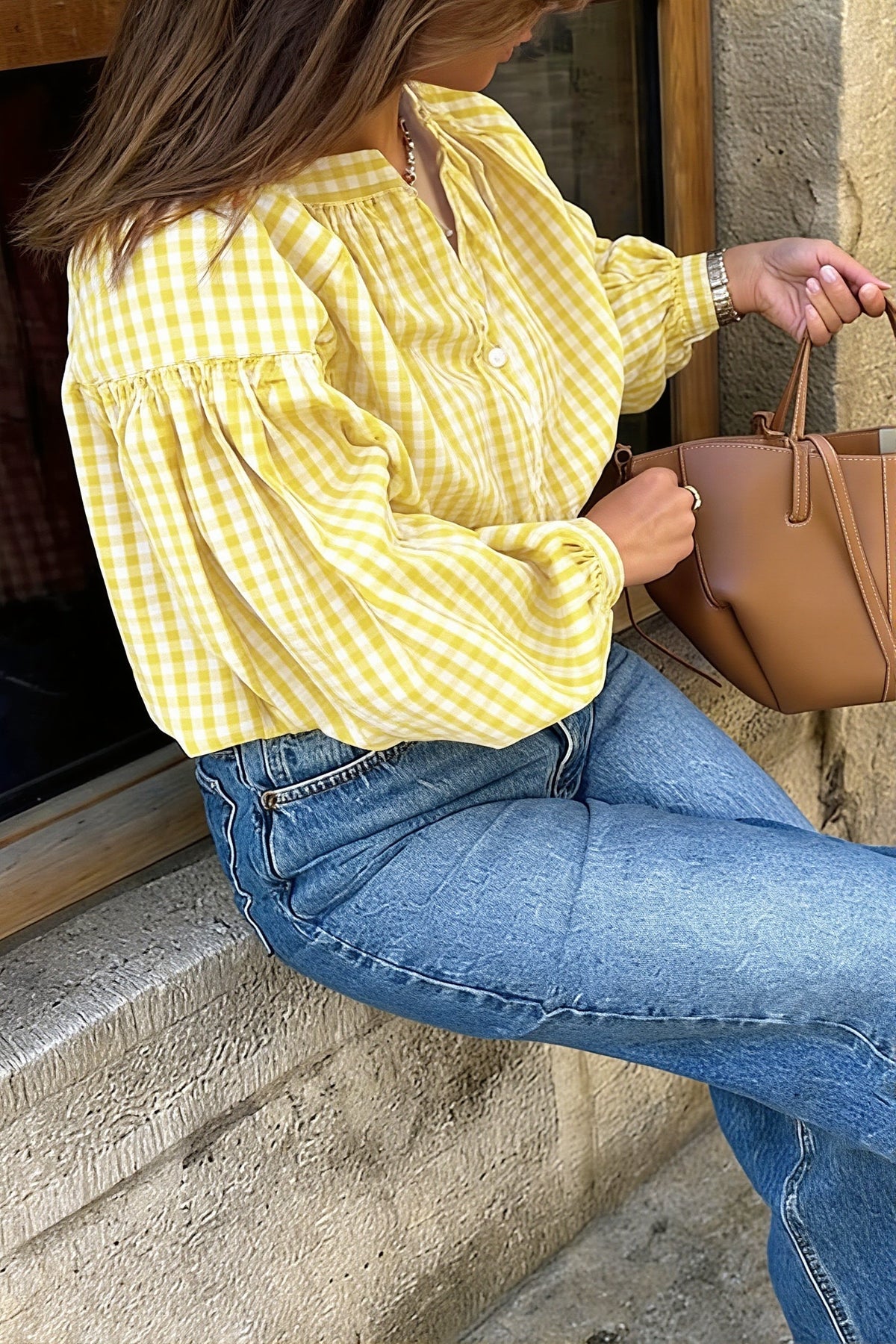 Gingham Balloon Sleeve Button Blouse