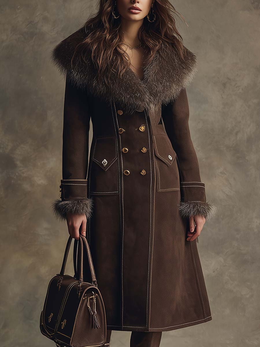 Vintage Brown Eco-Suede Double-Breasted Coat With Faux Fur Collar - Fashionpara