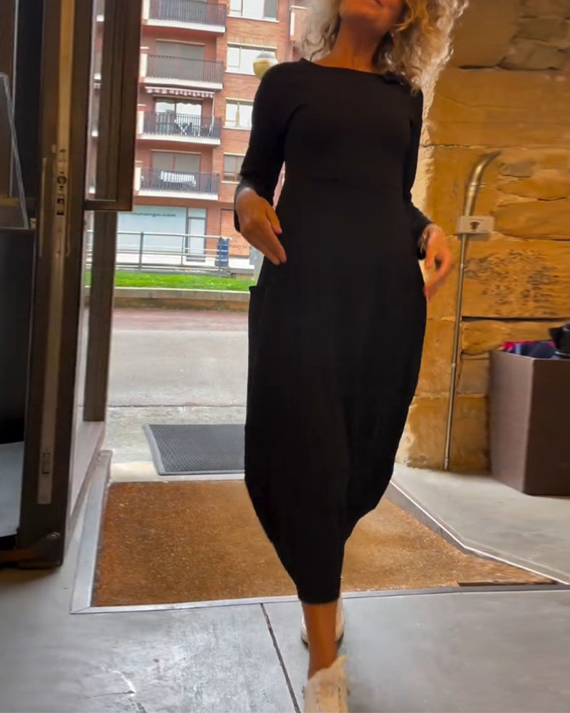 Round Neck Long Sleeve Pocket Cocoon Midi Dress