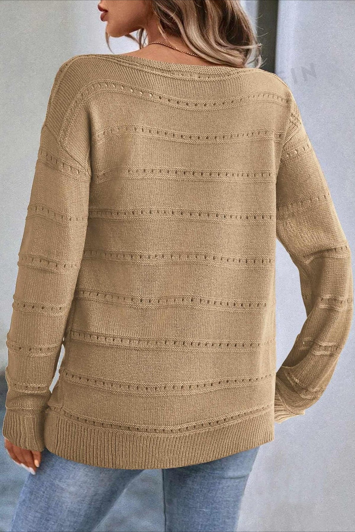 Openwork Boat Neck Relaxed Sweater