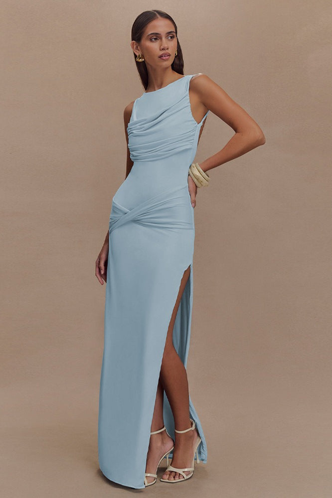 Ruched Split Backless Maxi Dress