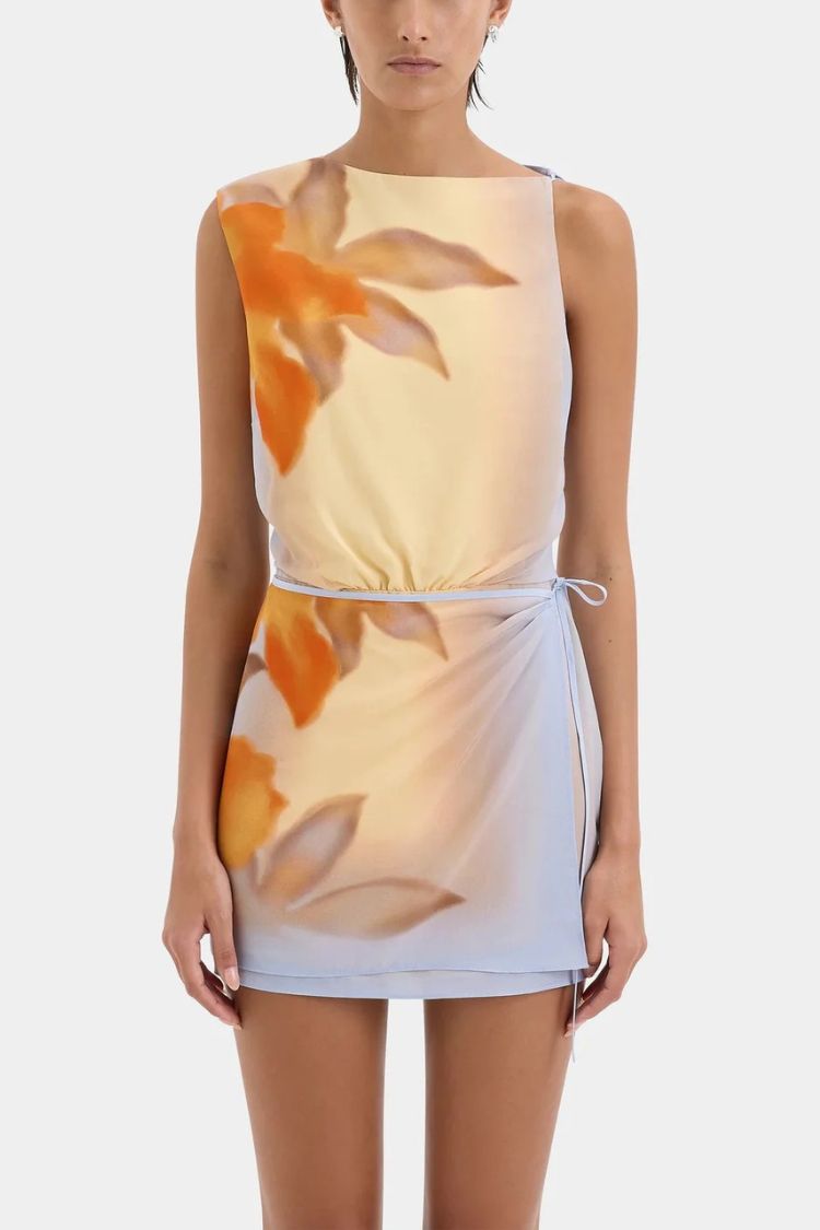 Serene Floral Print Wrap Tie-up Backless Lightweight Mini Dress - Fashionpara