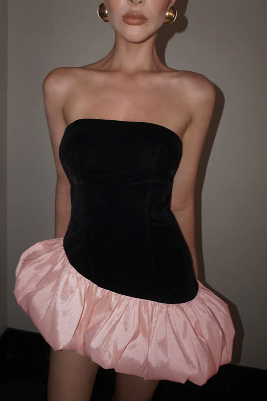 Elegant Velvet Paneled Strapless Puff Mini Dress - View 4