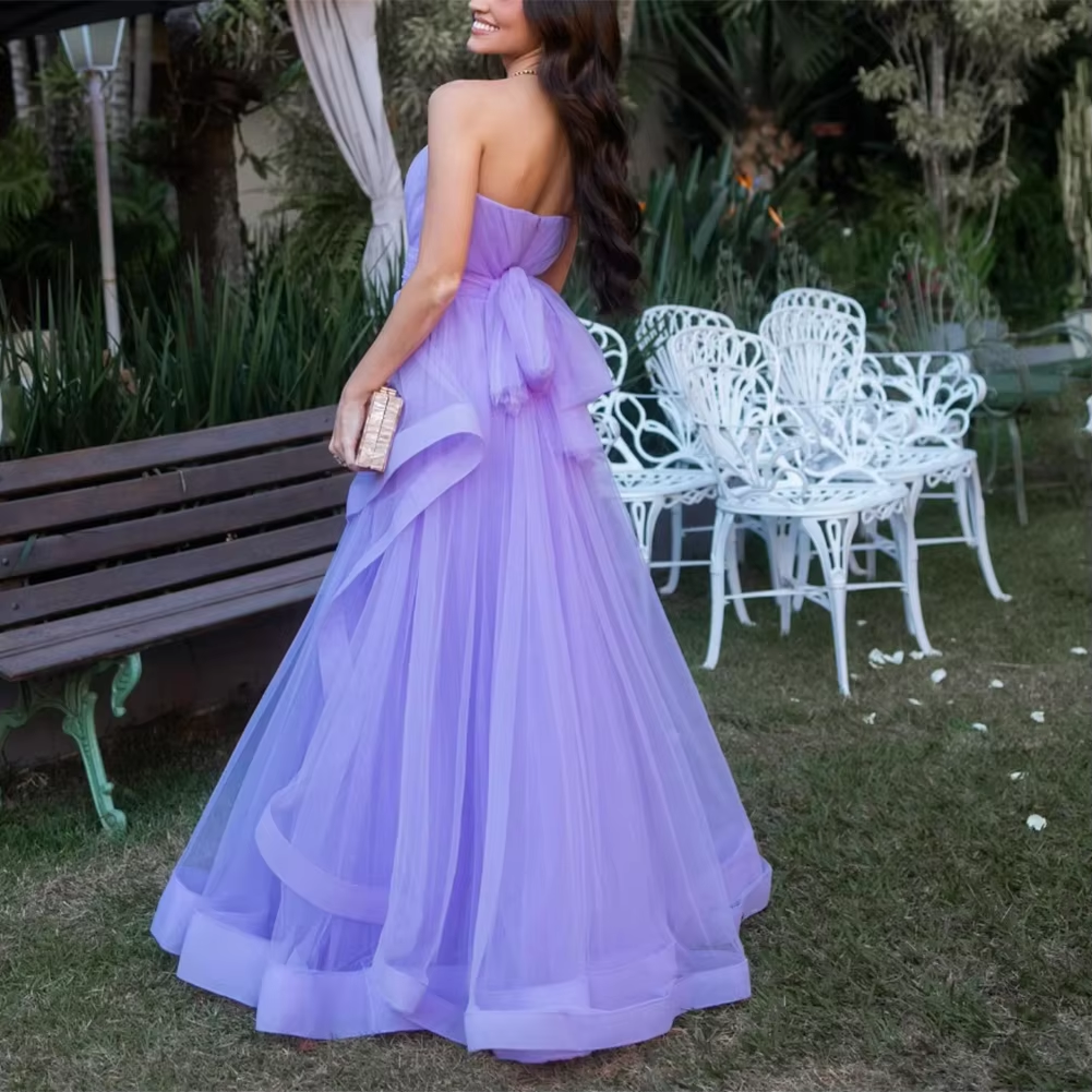 Lavender Tulle Long Dresses Wedding Party Ruffles Strapless Prom Dresses Formal Occasion Dress