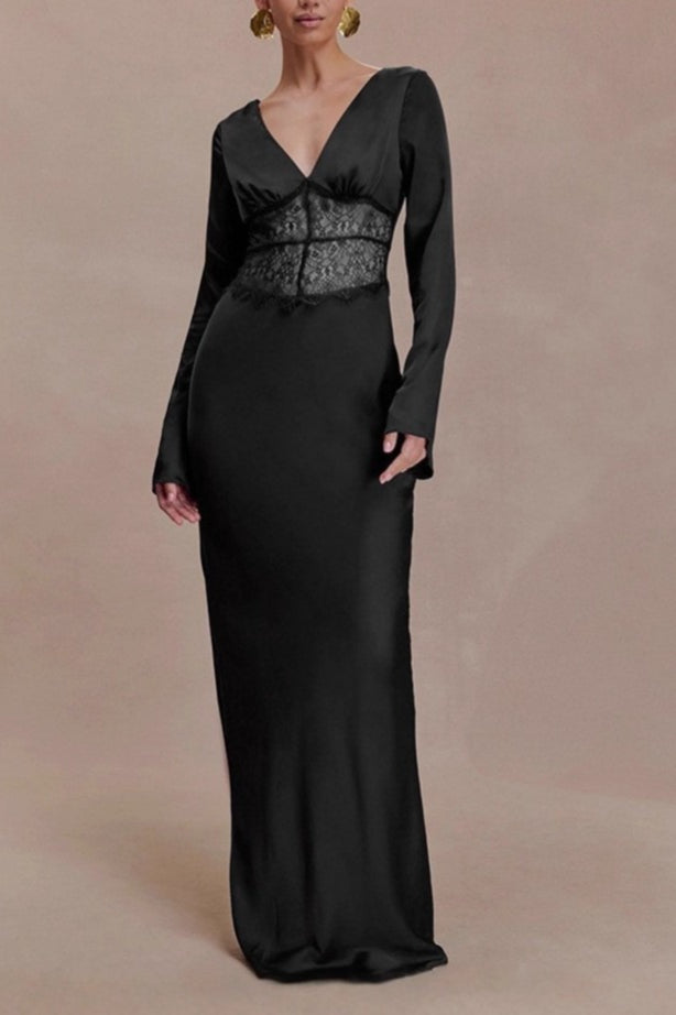 Deep V-Neck Lace Bodycon Maxi Dress