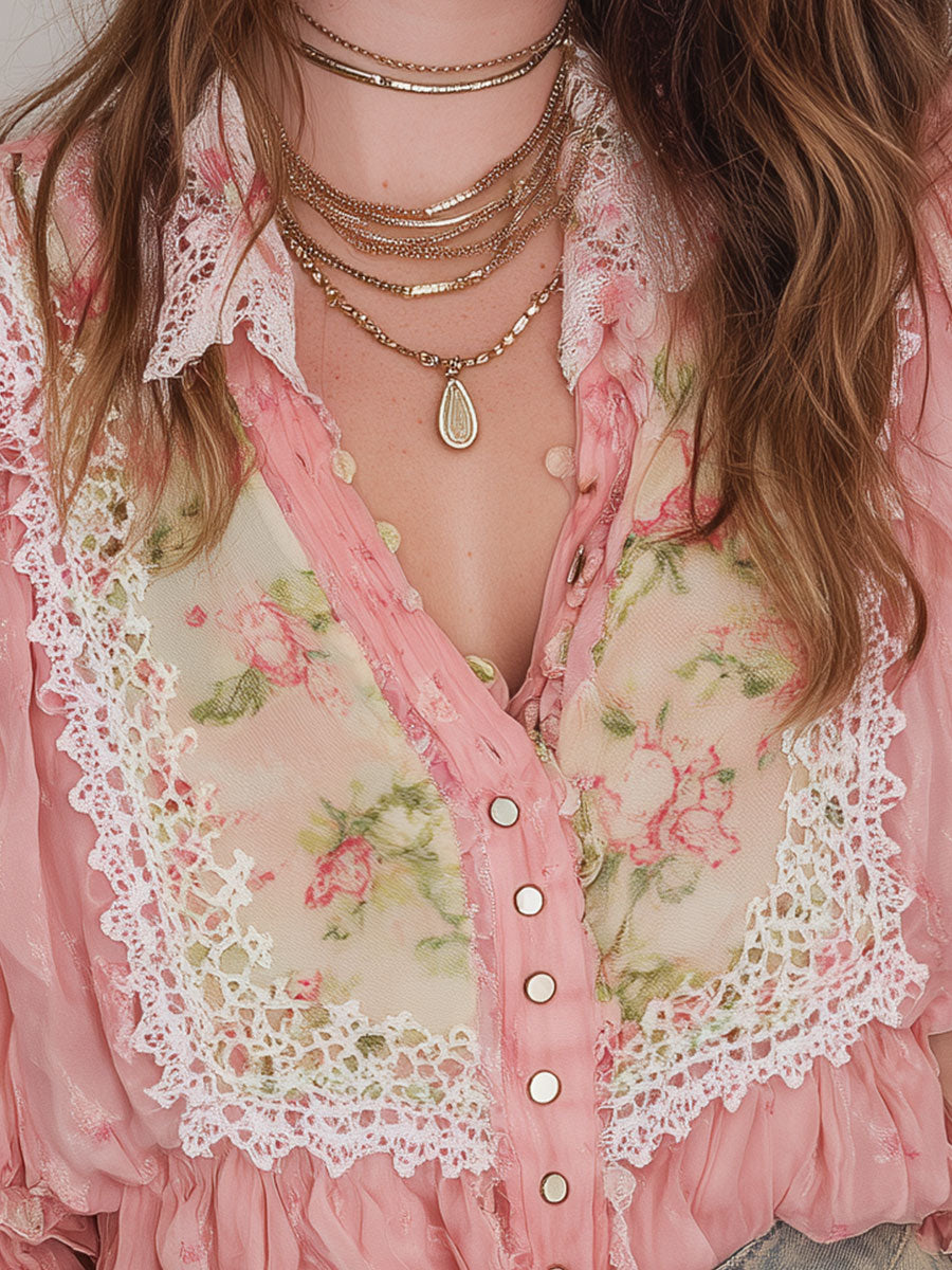 Retro Lace Trim Printed Chiffon Long Sleeve Blouse - Fashionpara