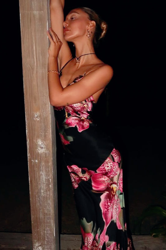 Floral Print Lace-Trim V-Neck Satin Slip Maxi Dress 3