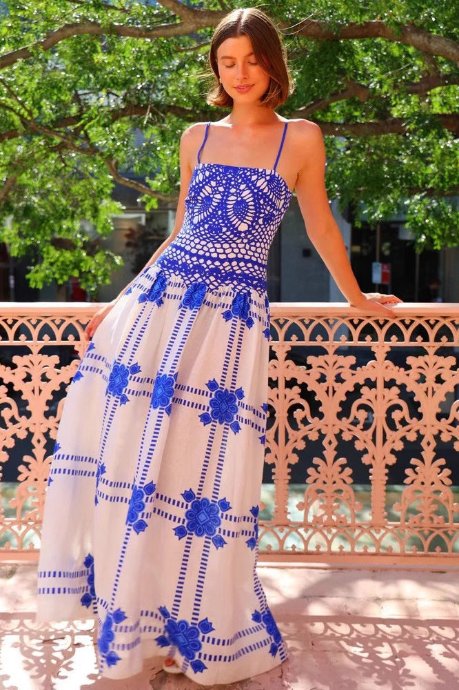 Elegant Lace Trim Blue-White Boho Dress