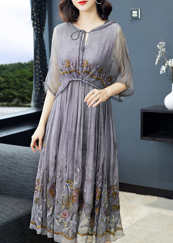 Hooded V-Neck Tie Front Short Flutter Sleeve Floral Midi Dress