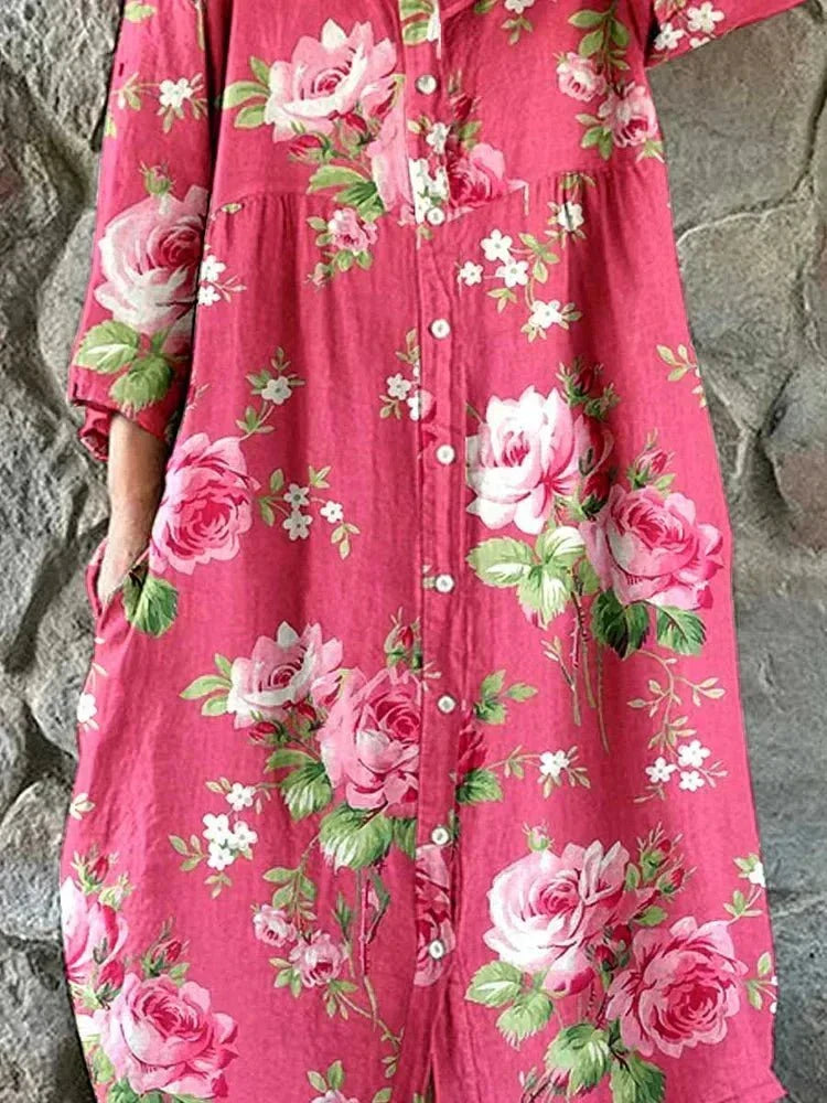 Rose Floral Button Front Notch Neck Midi Dress 3