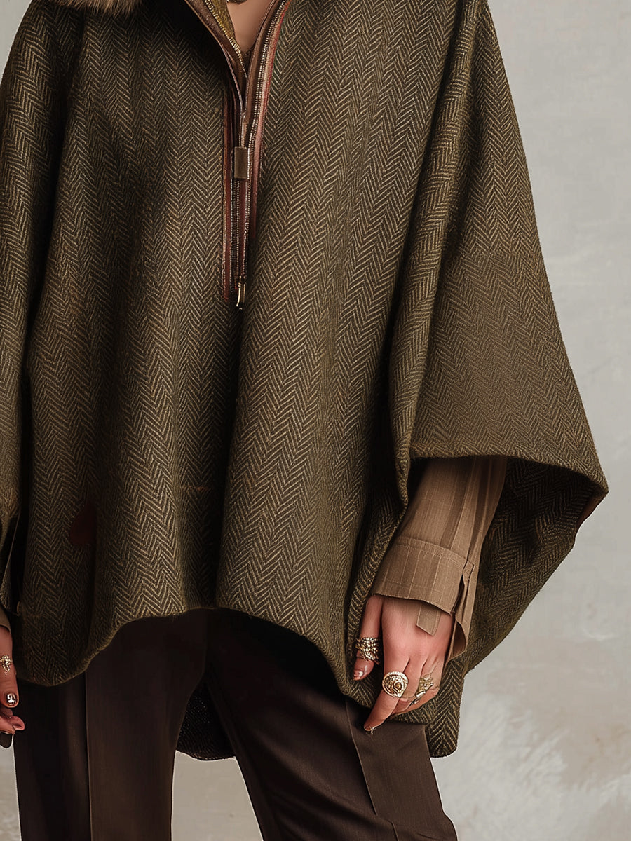 Retro Detachable Fur Collar Bat Sleeve Cape Coat