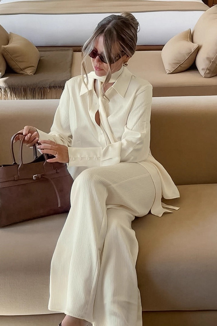 Effortless Chic Streamer Textured Shirt Pants Two-Piece